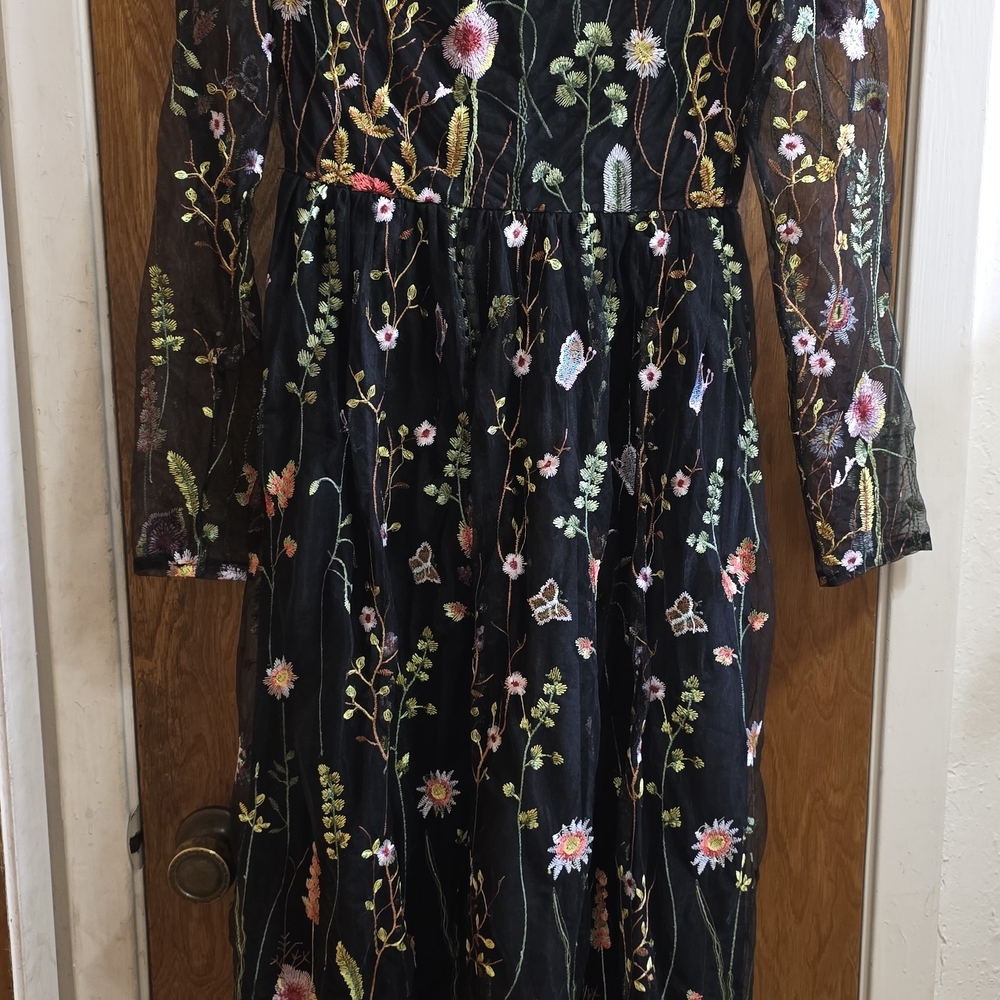 Chicwish Black Dress with Floral Embroidery